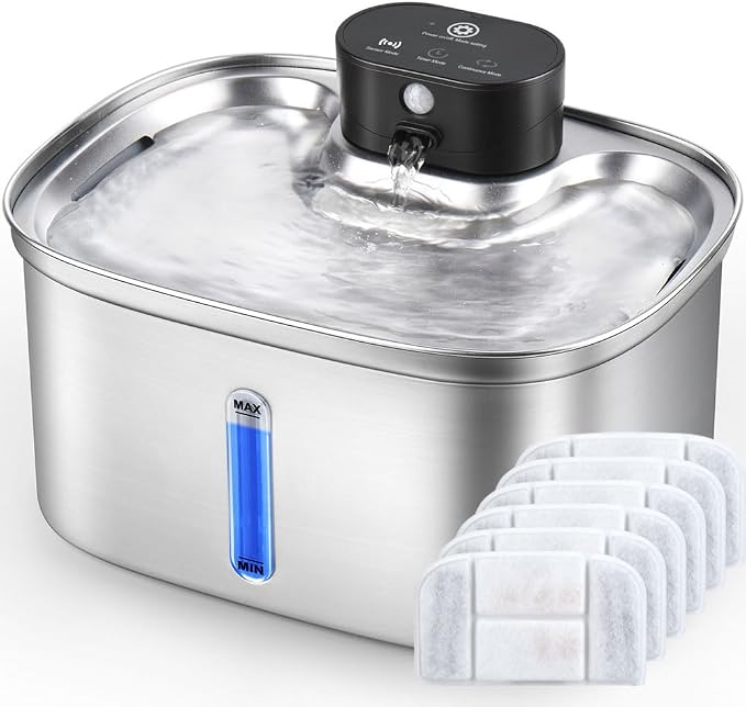 Wireless Cat Water Fountain Stainless Steel, 5L/169oz Automatic Pet Water Dispenser with 5000mAh Battery, 3 Modes (Sensor/Timer/Continuous), Ultra Quiet Pump & 6 Replacement Filters for Cats & Dogs by BOORCA