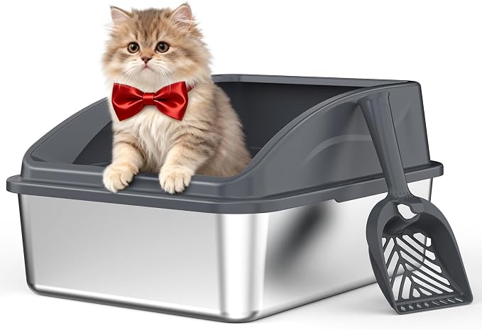 AIPERRO Stainless Steel Litter Box | Metal Litter Box with Lid for Kitty | High Sided, Low Entry for Small Cats or Injured Cats | Bunny Litter Boxes | Odor-Free & Non-Stick | Includes Litter Cat Scoop by AIPERRO