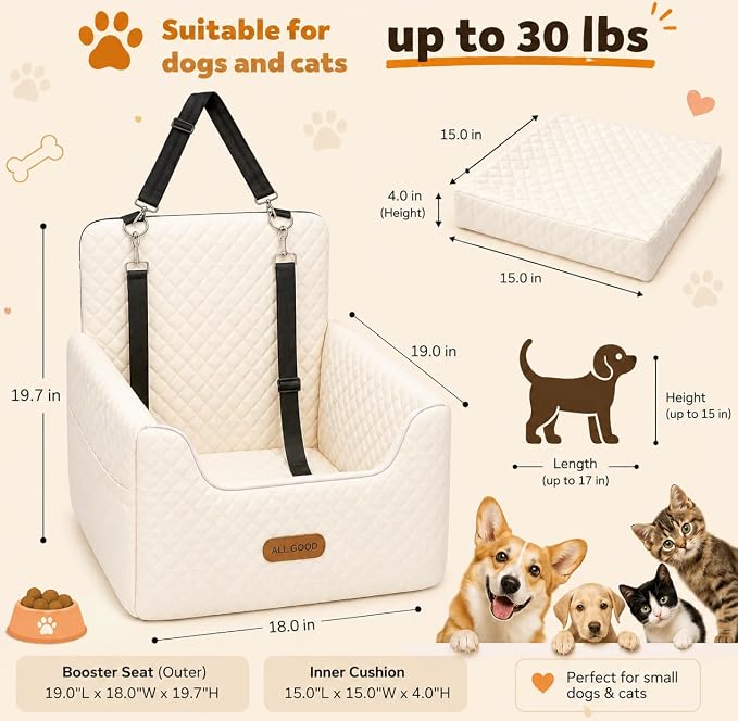 ALL GOOD PET SUPPLIES Dog Car Seat for Small/Medium Dogs Under 35lbs | Soft Memory Foam Booster Car Seat with Detachable Washable Cover and Elevated Cushion, Puppy Dog Car Bed - Image 4