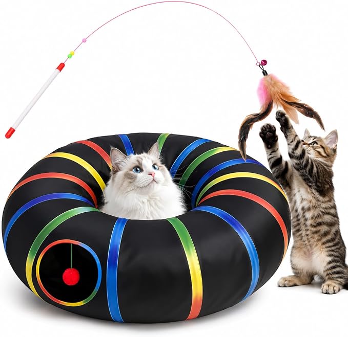Cat Tunnel Toy with Plush Ball & Cat Wand Feather Toys-Portable Tattaff Waterproof Washable-Interesting Pattern Collapsible Black Rainbow by MAKEPETLUCKY-WelcometoCatTunnelClub