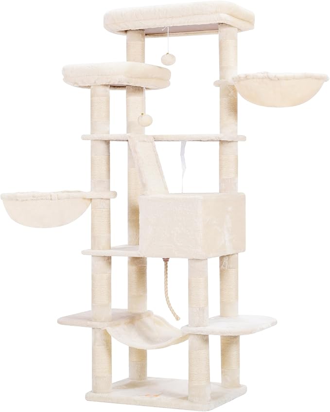 Heybly Cat Tree, 68 inch Multi-Level Cat Tower for Indoor Cats HCT025M | Cat Condo with 2 Widened Plush Perches, 2 Cozy Baskets, Scratching Board and Big Caves, Beige - Image 9