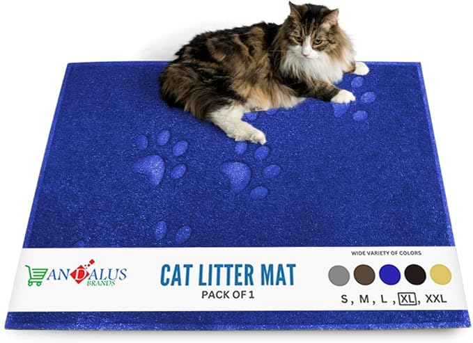 Andalus Extra Large Cat Litter Mat, Pack of 1 - Waterproof, Non-Slip & Easy to Clean Cat Litter Box Mat for Extra Efficient Pet Litter-Trapping, Blue (35” X 23”) by AndalusBrand