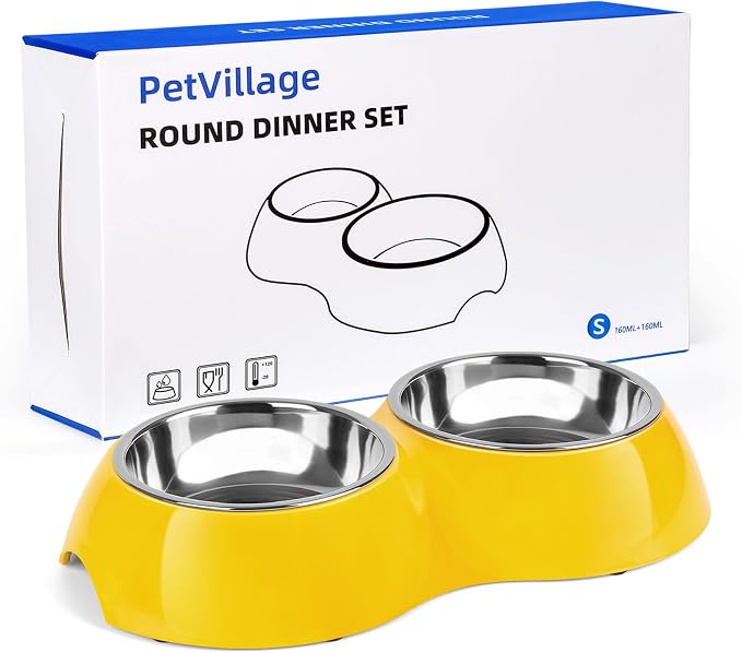 Stainless Steel Dog Bowls Set – Dual Non-Slip Pet Dishes with 2 Small (4oz*2) Bowls & Durable Resin Stand,Food & Water Feeder for Puppies, Kittens, and Small Breed Dogs – Yellow by Petvillage