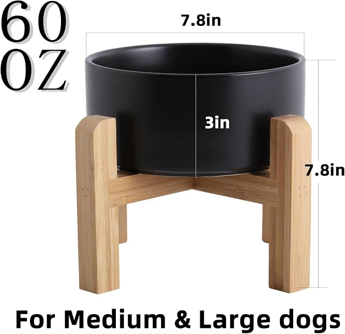 Elevated/Raised Ceramic Dog Bowl with Bamboo Stand,8 inch 7.6 Cups Non-Slip Heavy-Weighted Single Pet Dish, Reduces Neck Strain Black - Image 3