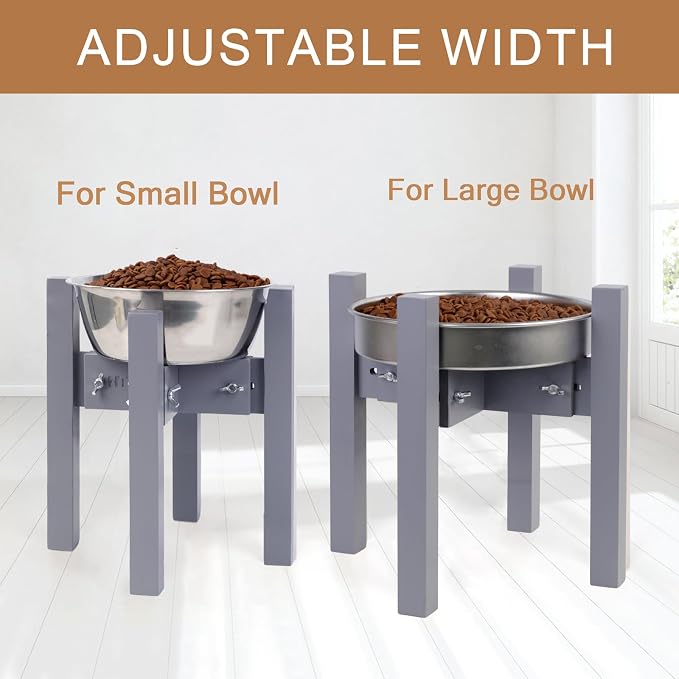 Elevated Dog Bowl Stand Adjustable Dog Food Holder 10”H Medium Grey | 10” Elevated Dog Bowl Stand, Medium Dogs, Adjustable, Fits 7”-10” Bowls, Single Bowl Holder, Natural Bamboo, Classic Grey - Image 2