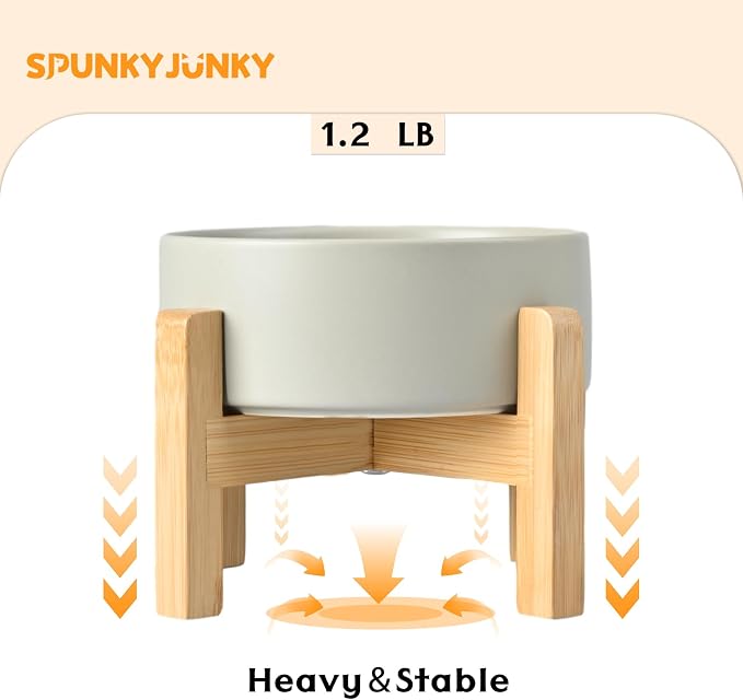 SPUNKYJUNKY Ceramic Elevated Dog Bowls 2 Pack - 5.1inch Raised Dog Bowls with Non-Slip Wooden Stand for Small Dogs Dishwasher Safe(Grey,13.5OZ*2) - Image 6