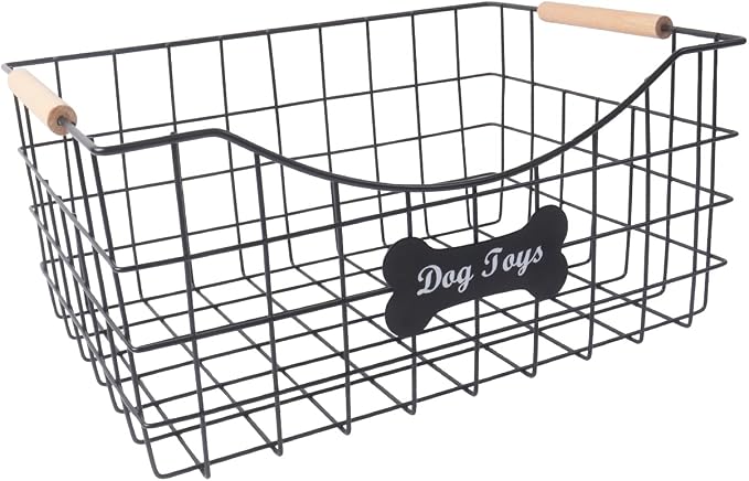 Metal Dog Toy Basket,Indestructible Dog Toy Bin with Wooden Handle,Sturdy Pet Storage Organizer,Ideal for Dog Leash,Blanket,Snacks-15.1 (L) x 10.7 (W) x 7 (H) inches by Brabtod