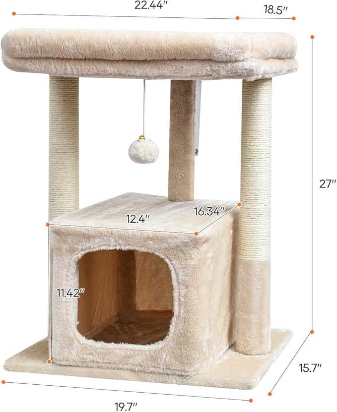 SYANDLVY 27" Cat Tree for Indoor Cats, Activity Tower with Scratching Posts | Modern Kitten Condo with Plush Perch & Hanging Ball for Play, Beige - Image 3