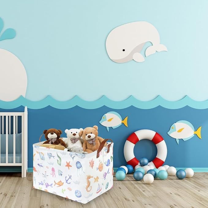 Rectangle Fish Basket,Ocean Animals Waterproof Kids foldable Laundry Basket,Nursery Hamper,Boys and Girls Hamper,kids Room decor, kids toy organizer,Gift basket(Ocean Animals) - Image 2