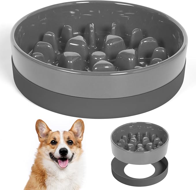 Sted Ceramic Slow Feeder Dog Bowls with Silicone Base | Slow Feeding Dog Bowl Small Medium Breed, Dog Food Bowls for Fast Eaters, Slow Down Eating, Puzzle Dog Food Bowl, Maze Grey by Sted