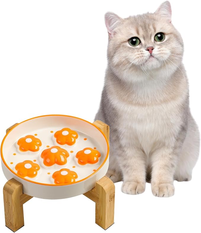 Elevated Ceramic Slow Feeder Cat Bowl with Anti-Slip Bamboo Stand | 6.3" Wide Whisker Friendly, Slow Eating 3x, Dry & Wet Food, Cute Flower-Shaped Maze, Microwave & Dishwasher Safe, Orange by PTOBER