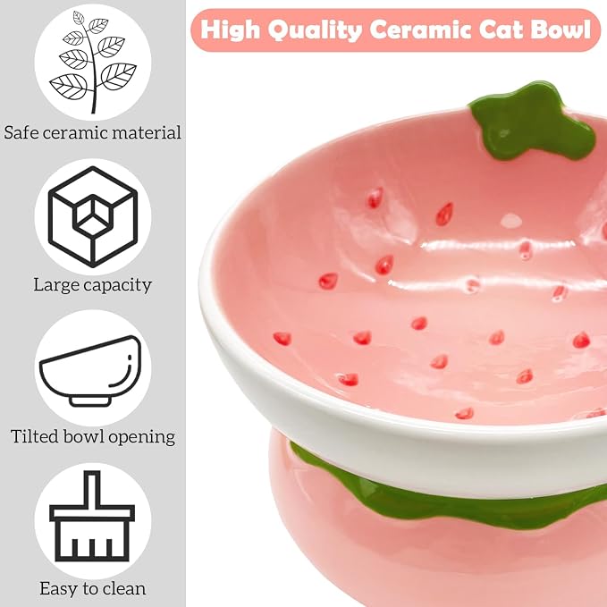 Hamiledyi Ceramic Raised Cat Bowls 15° Tilted Elevated Kitten Food Water Bowl Shallow Whisker Fatigue Kitty Dish Fruit Pet Feeding Bowls Feeder for Indoor Cats Small Dog (Pink Strawberry) - Image 2