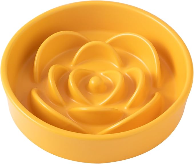 8.25'' Ceramic Slow Feeder Dog Bowls - Petal Shape Modern Dog Food Dish for Medium and Large Breeds, Puzzle Maze Bowl to Slow Down Eating, Anti-Gulping, Dishwasher & Microwave Safe, Yellow by Welloyed