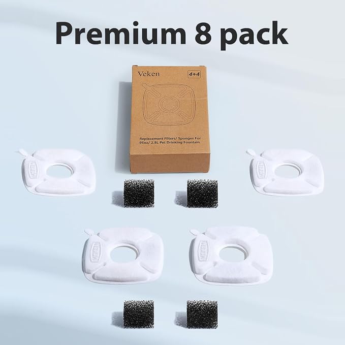 Veken Cat Water Fountain Filter, Classic 4 Pack Replacement Filters | and 4 Pack Replacement Pre-Filter Sponges for 50oz, 84oz, 95oz or 108oz Automatic Pet Fountain Dog Water Dispenser - Image 7