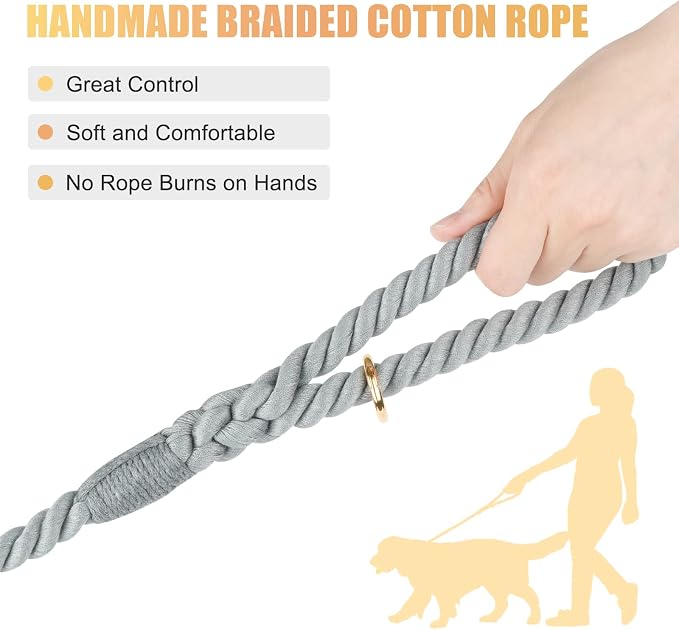 5 FT Handmade Rope Dog Leash for Small Medium and Large Dogs | Soft and Comfortable Grip, New Golden Heavy Duty Metal Clasp, Grey - Image 3