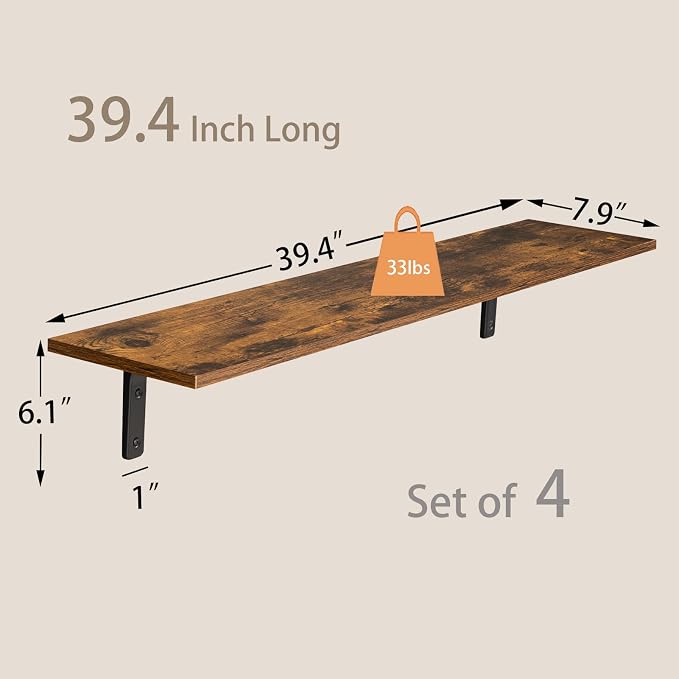Long Wall Shelves, 39.4Inch Wooden Wall Mounted Shelves, Set of 4 | Large Floating Book Shelf, Metal Brackets, Easy Assembly, Max Load 33lbs, Wall Storage Ledges, Bedroom/Bathroom, Rustic Brown - Image 3