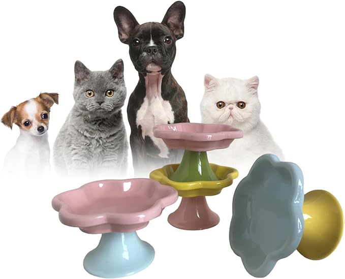 Ceramic Elevated Cat Bowls Flower Dish,Small Raised Dish.Flower Ceramic Raised Bowls for Cats and Small Dogs reducing pet’s Neck Bending and Pressure （Blue Yellow） - Image 5