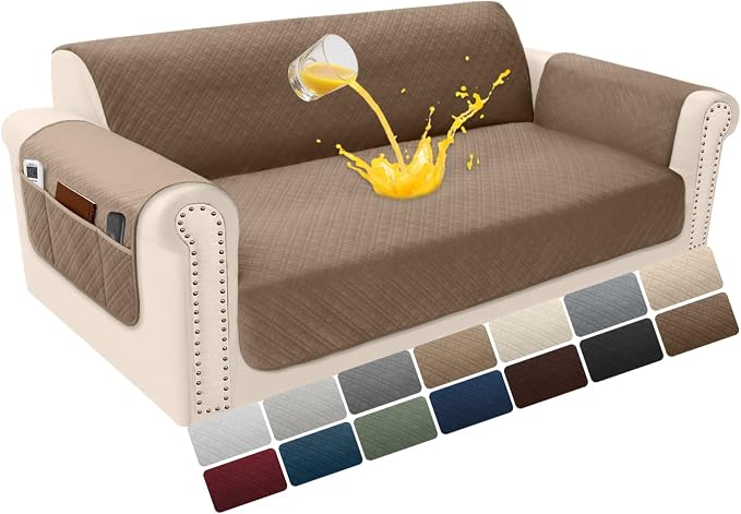Velvet 100% Waterproof Loveseat Covers Washable Love Seat Couch Covers for 2 Cushion Couch Sofa Pet Friendly Sofa Slipcovers Dogs Furniture Protector with Pockets (Medium-XL, Camel) by YUEVELLASofaCover
