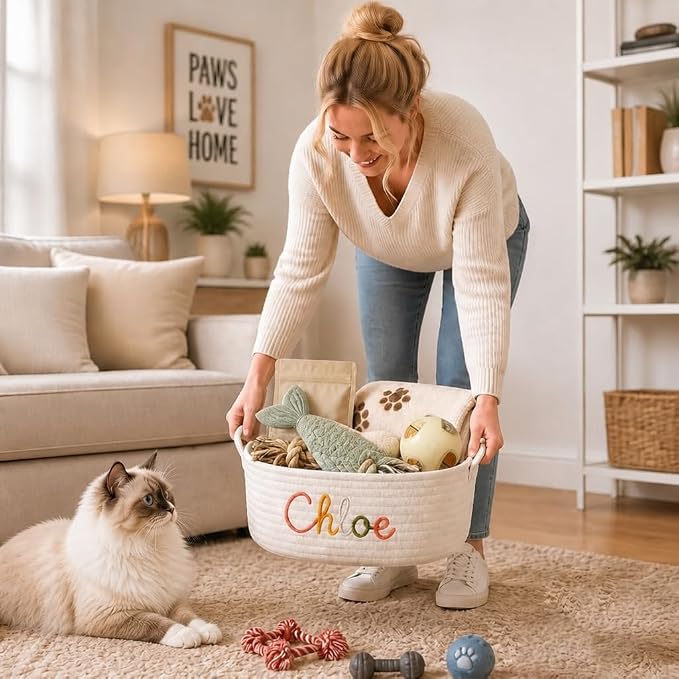 Personalized Cotton Rope Cat Toy Basket with Embroidered Name | Custom Cat Toy Basket with Handles, Soft Puppy Toy Basket, Pet Supplies, Gift for Dog Lovers,4 Colors - Image 2