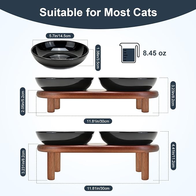 SPUNKYJUNKY Extra Wide Elevated Ceramic Cat Bowl with Acacia Wood Stand Whisker Friendly (Cat Paw Pattern, Black) - Image 2