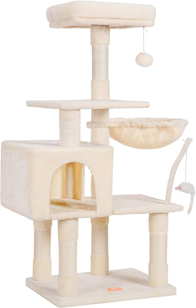 Heybly Cat Tree with Toy, 43.3 inch Cat Tower for Indoor Cats HCT004M | Cat Condo with Durable Sisal Scratching Posts, Cat House with Padded Plush Perch, Cozy Hammock, Beige by HEYBLY