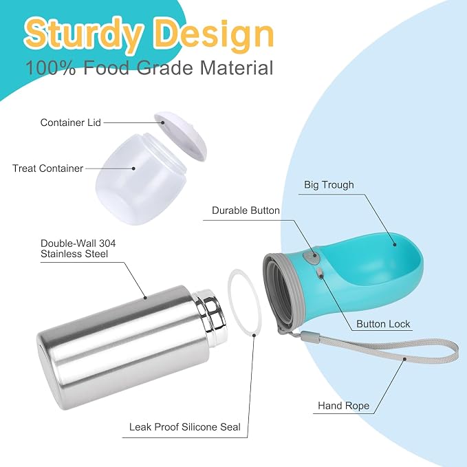 Portable Dog Water Bottle with Food Container, 14 OZ, Stainless Steel | Leak Proof Pet Water Dispenser with Drinking Feeder, Durable, Use for Dog Travel, Walking, Hiking and Outdoor Activities - Image 2