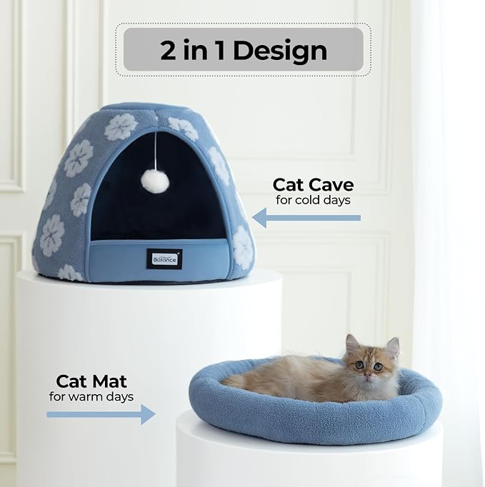 BALANCE Cat Beds for Indoor Cats, 2-in-1 Cat Bed Cave with Anti-Slip Bottom and Ultra-Soft Plush, Cozy Cats House Tent for Kittens and Small Dogs, 21 Inches, Blue - Image 7