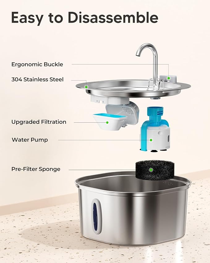 PEKTACO Stainless Steel Cat Water Fountain with 6 Filters, 3.2L/108oz | Cat drinking fountain, dishwasher safe, with triple filtration, quiet pump, and visible water window for cats and small pets - Image 7