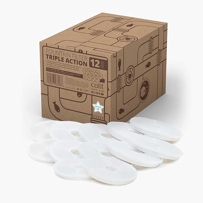 Catit Triple Action Replacement Original Water Fountain Filters, 12 Pack | Official Replacement Filters for Catit Cat Drinking Water Fountains by Catit