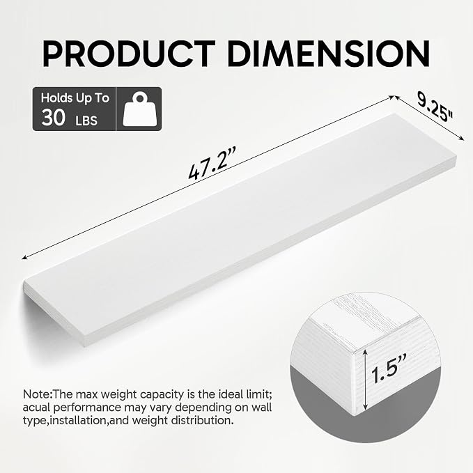 BAYKA White Floating Shelves 47.2in, Set of 2, Wall Mounted for Wall Decor | Easy Install, 30lbs Max Load, Hidden Bracket, Shelving for Bathroom Bedroom Kitchen Office Storage, Multi-Wall Compatible - Image 3