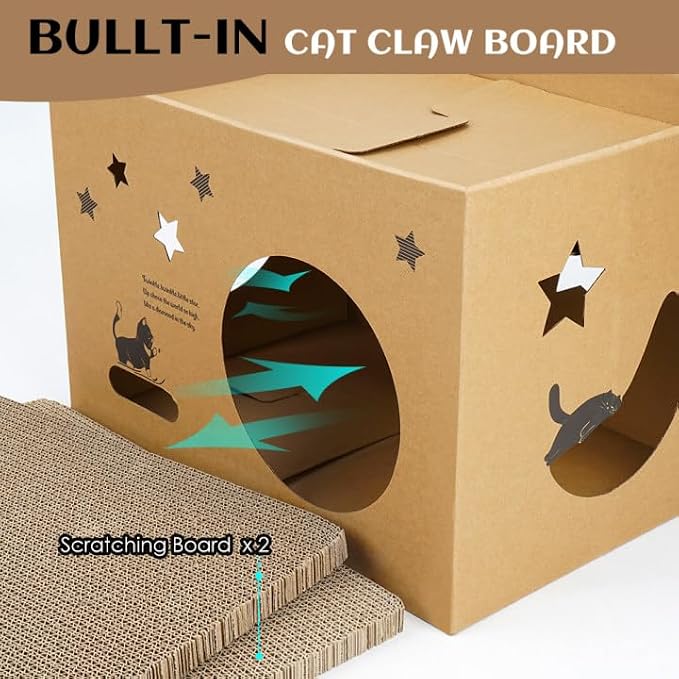 Cat Cardboard House with 2 PCS Scratching Pads，Large Cat Scratcher Bed Cat Scratchers Lounge for Indoor Cats with Corrugated Board Detachable Cat Scratcher Box for Cats(Star) - Image 2