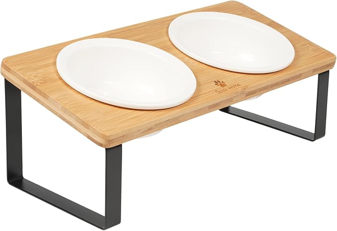 Sunhoo Ceramic Elevated Cat Bowls Raised Puppy Dishes for Food and Water Tilted Wooden Stand for Indoor Cats 5.5 inch Wide Double Dish Orthopedic Reduces Vomiting (Wood Color) - Image 7