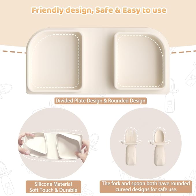 Beige Travel Silicone Foldable Feeding Set, On-the-Go Baby Feeding Supplies Including Toddler Plates, Silicone Baby Spoon&Fork, Adjustable Foldable Bib, Portable Infant Toddler Utensils - Image 3