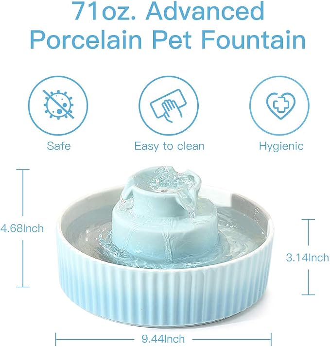 360 Ceramic Pet Fountain, Advanced Porcelain Cat Water Fountain, 70 oz.Drinking Fountains Bowl for Cat and Dogs with Replacement Filters and Foam (Green Blue) - Image 2