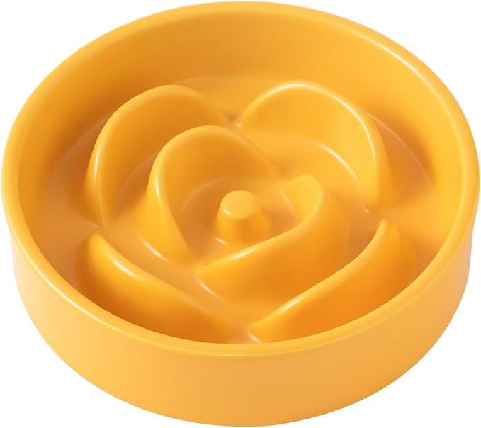6'' Ceramic Slow Feeder Dog Bowls - Petal Shape Modern Dog Food Dish for Cats and Small Breed Dogs, Puzzle Maze Bowl to Slow Down Eating, Anti-Gulping, Dishwasher & Microwave Safe, Yellow by Welloyed