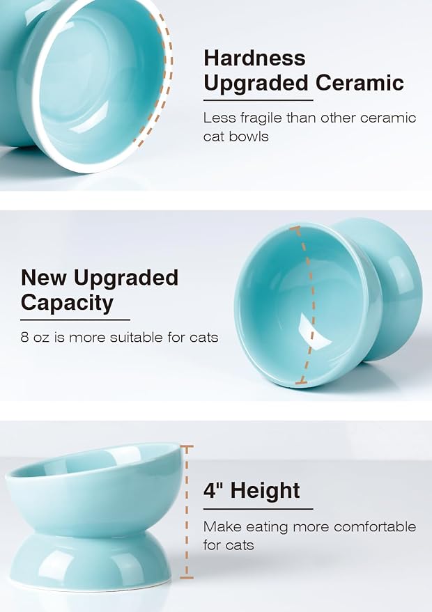 ABRUTY Cat Water Bowl, 16 OZ Ceramic Elevated Cat Bowls, 15° Tilted and Raised Pet Food Dish, Anti Vomiting Protect Pets' Spines and Whisker Fatigue, Set of 2, Turquoise - Image 4