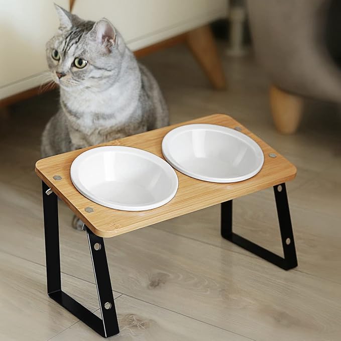 AYADA Elevated Cat Bowls Height Adjustable with Stand (Ceramic) | 15-Degree Tilt, 4.7 or 5.5 Inches, Non-slip Pad, Double Bowls, For Dry Food, Wet Food, Water, Ergonomic, Spine Protection by Unknown