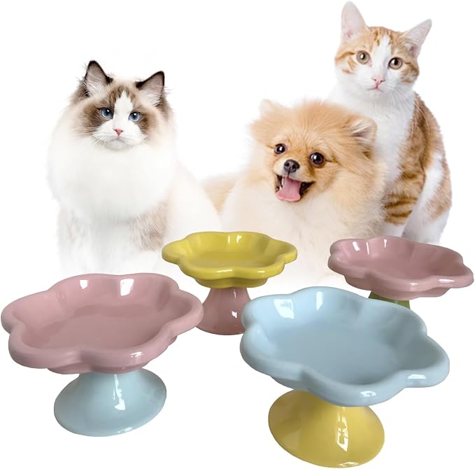 Ceramic Elevated Cat Bowls Flower Dish,Small Raised Dish.Flower Ceramic Raised Bowls for Cats and Small Dogs reducing pet’s Neck Bending and Pressure（Pink Blue） - Image 5