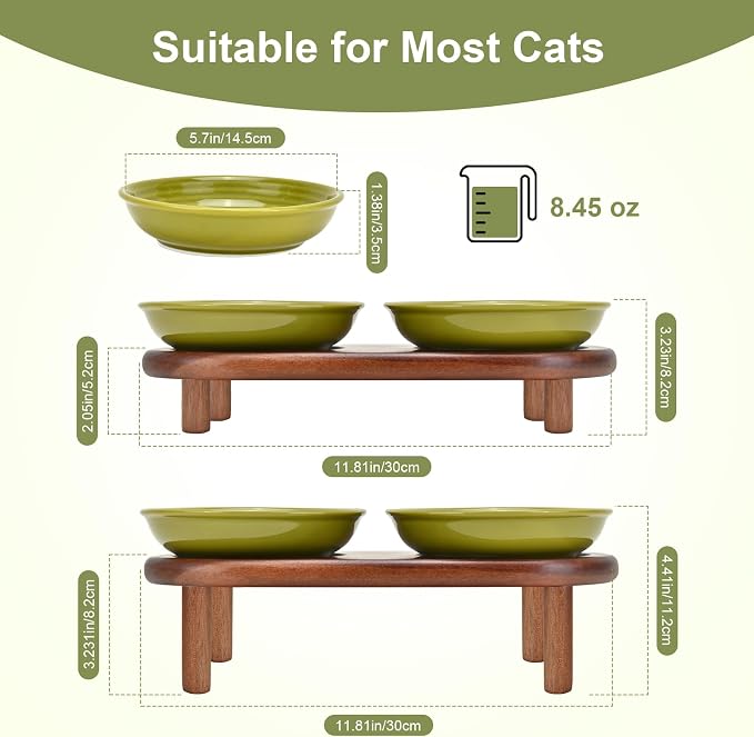 SPUNKYJUNKY Shallow Elevated Cat Bowl with Acacia Wood Stand Wide Raised Ceramic Cat Dishes Whisker Friendly Pet Food and Water Plates (Striped Pattern, Green) - Image 2