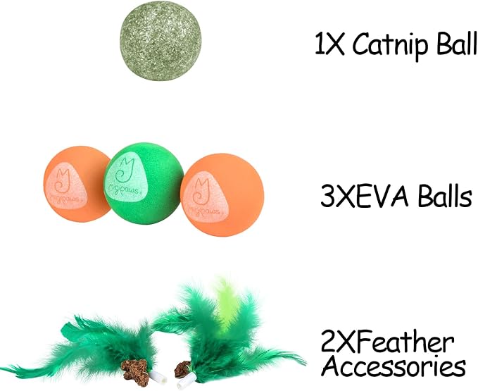 Migipaws Paw Palace Replacements,3 EVA Balls,1 Catnip Ball,2 Coconut Tree Teaser Pole Feather Accessories,Cat Ball Toys - Image 2