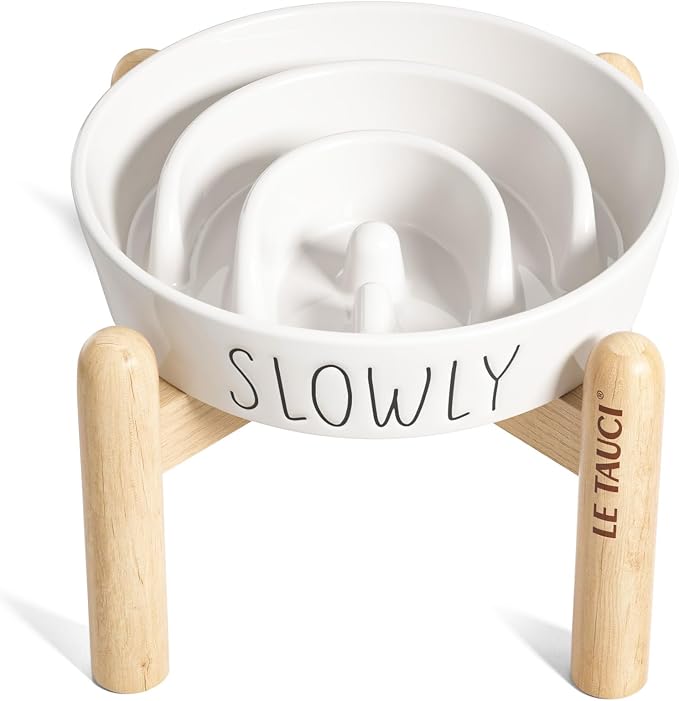 LE TAUCI PET Ceramic Elevated Slow Feeder Dog Bowl - 0.6 Cup Puzzle Feeder with Wooden Stand for Small Breeds, White Pet Dish by LETAUCIPET