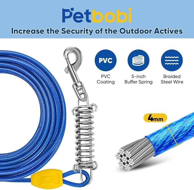 Petbobi Dog Tie Out Cable and Stake, 30ft Heavy Duty Dog Leads for Yard | 4in Shock Spring, 16in Spiral Ground Anchor, 360° No-Tangle Swivel, Chew-Proof Rustproof Wire, Up to 120 lbs, Outdoor Camping - Image 2