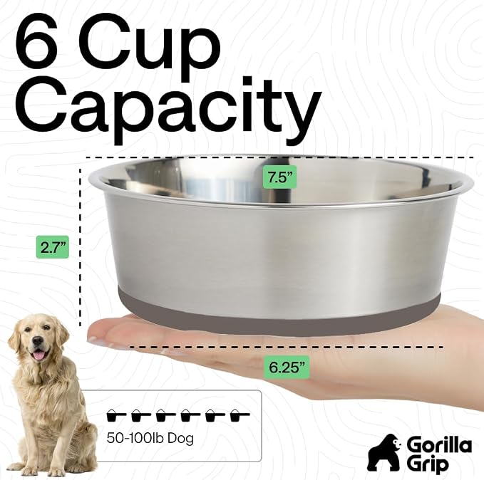 GORILLA GRIP Dog Bowls, Food Grade Stainless Steel, Set of 2, 6 Cup, Beige | 304 Stainless Steel Pet Feeding Bowls Hold 48 fl oz Each, Dishwasher Safe, Rust Resistant, BPA Free Rubber Base - Image 4