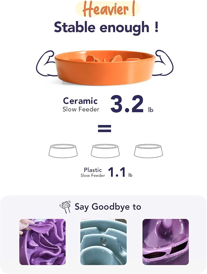 LE TAUCI Ceramic Slow Feeder Puzzle Bowl Elevated 1.5 Cup with Wooden Stand for Small & Medium Dog, Fast Eater Food Bowl Sun Orange - Image 3