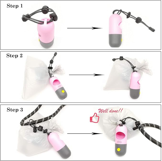 Dog Poop Bags Holder with LED Flashlight|Pet Waste Bags Dispenser for Leash|Doggie Potty Bags Container with Leak-proof Pet Trash Bags and Accessories (2 Holders 30 Bags, Pink) - Image 7