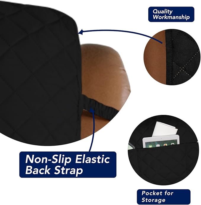 PureFit Reversible Quilted Oversized Recliner Sofa Cover, Water Resistant Furniture Protector, Washable Couch Cover with Elastic Straps for Kids, Pets (Large, Black/Black) | Black/Black, Water Resistant Couch Protector, Washable Pet Couch Cover with No... - Image 3