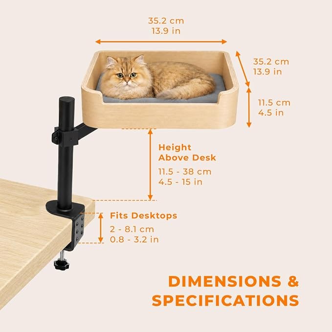 3-in-1 Cat Desk Bed, Cat Window Hammock & Elevated Floor Bed – Wooden Window Perch & Seat, American Oak Finish, 2 Plush Mats, Holds 28 lbs - Image 5