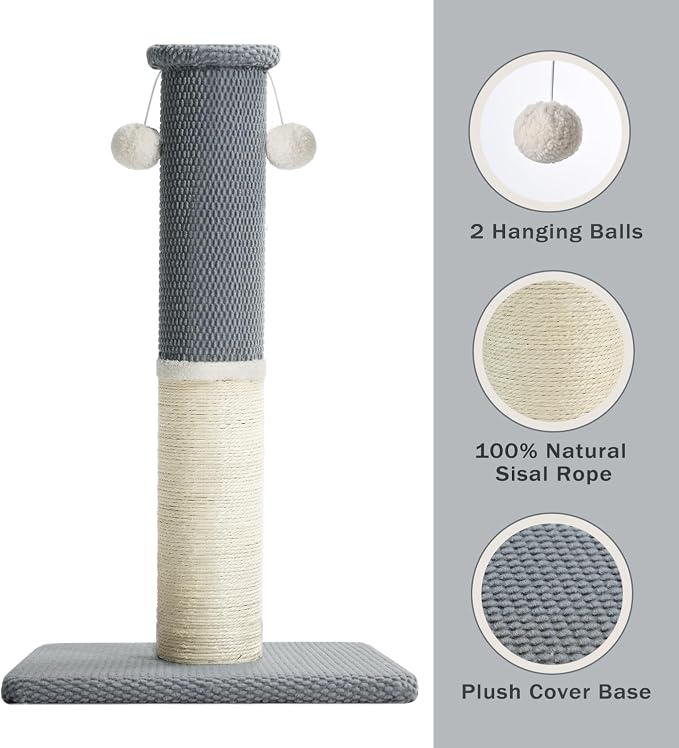 Made4Pets Tall Cat Scratching Post with Sisal & Carpet for Indoor Cats, 33" | Cat Scratcher with Wide Stable Base, Interactive Hanging Toys, Ideal for Adult Cats, Large Breeds and Full-Body Stretching - Image 3