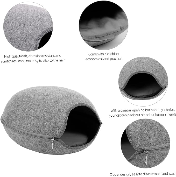 Felt Cat Cave Bed with Removable Cover, Cozy Pet Shelter for Indoor Cats, Zippered Washable Cat House with Roomy Interior (Light Gray, for Cats Under 15 lbs, Round Dome Cat Bed) | Zippered Washable Cat House with Roomy Interior, Warm Kitty Hideaway for... - Image 5
