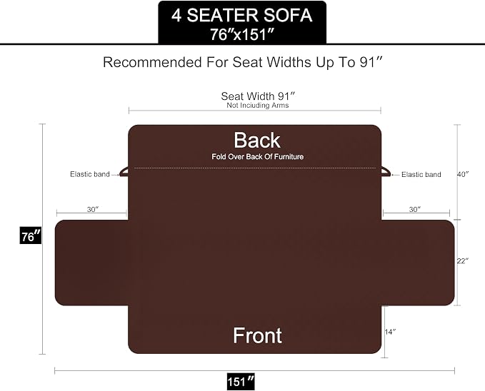 U-NICE HOME 4 Seater Sofa Cover 91''Large Couch Cover, Light Grey | Washable, Pet Friendly, Elastic Straps, Water Repellent, Furniture Protector Mat for 4 Cushion Couch - Image 6